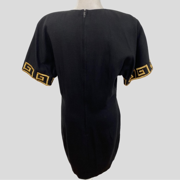 Vintage 80s 90s Chetta B Black Linen Blend Gold Embroidered Greek Key Dress - Picture 3 of 7